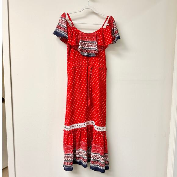 Misa Los Angeles Larsen Cold-Shoulder Bohemian Printed Midi A-Line Dress Red S - Picture 3 of 6